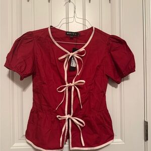 Motel Rocks Red Puff Sleeve Blouse with Tie Front